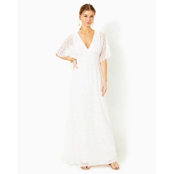Lilly Pulitzer Parigi Lace Maxi Dress Resort White Scalloped Shell Lace, Sz L - - Picture 1 of 4